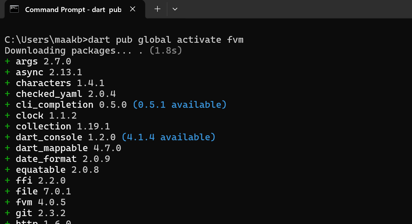 Install FVM using dart pub global activate fvm