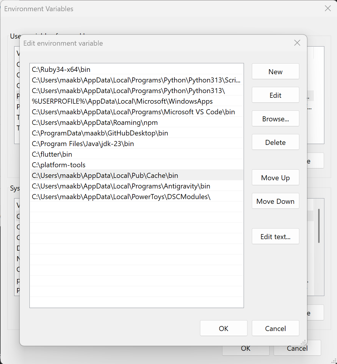 Windows environment variable path setup for Pub Cache bin