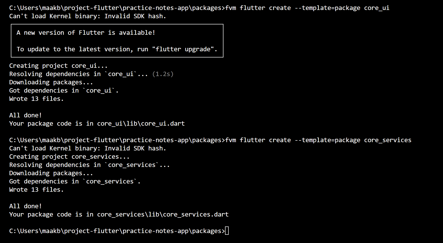 Create core_ui and core_services packages with flutter create package