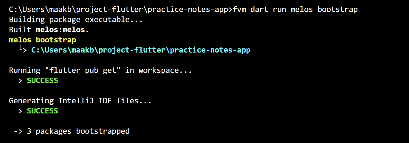 Melos bootstrap success output showing 3 packages bootstrapped