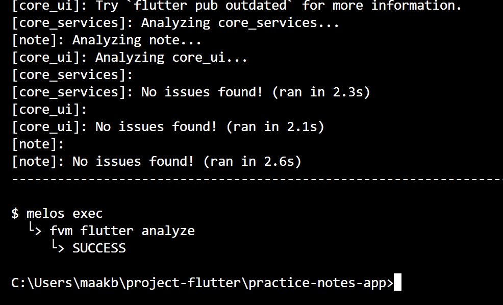 Melos analyze output with all packages no issues found